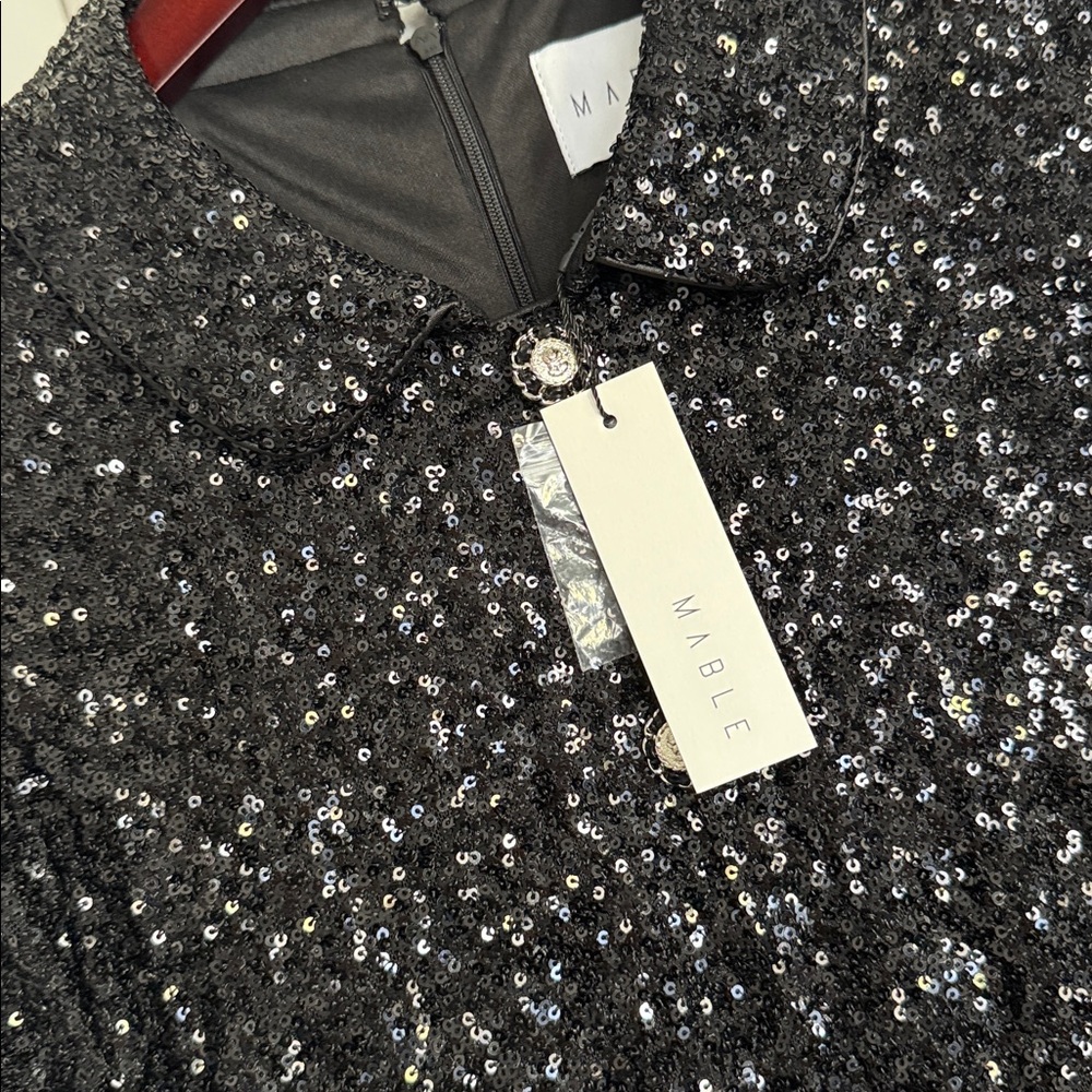 Black Sequin Mini Dress with Button Front - Picture 3 of 6